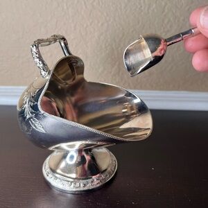 Vintage 1950's Silverplate Sugar Scuttle Japan w Scoop Ornate Floral Handle, Tea